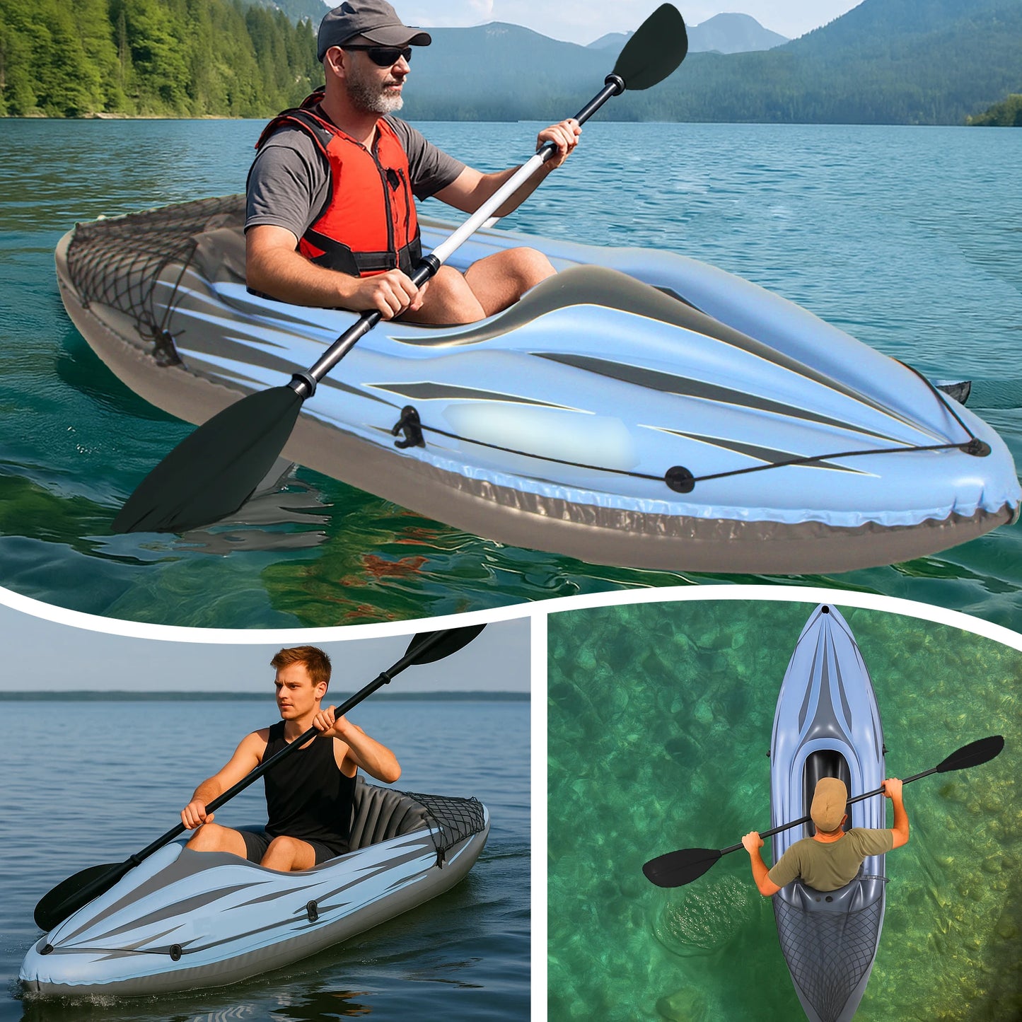 Inflatable One Person Kayak Canoe Blue Paddles Pump Bag