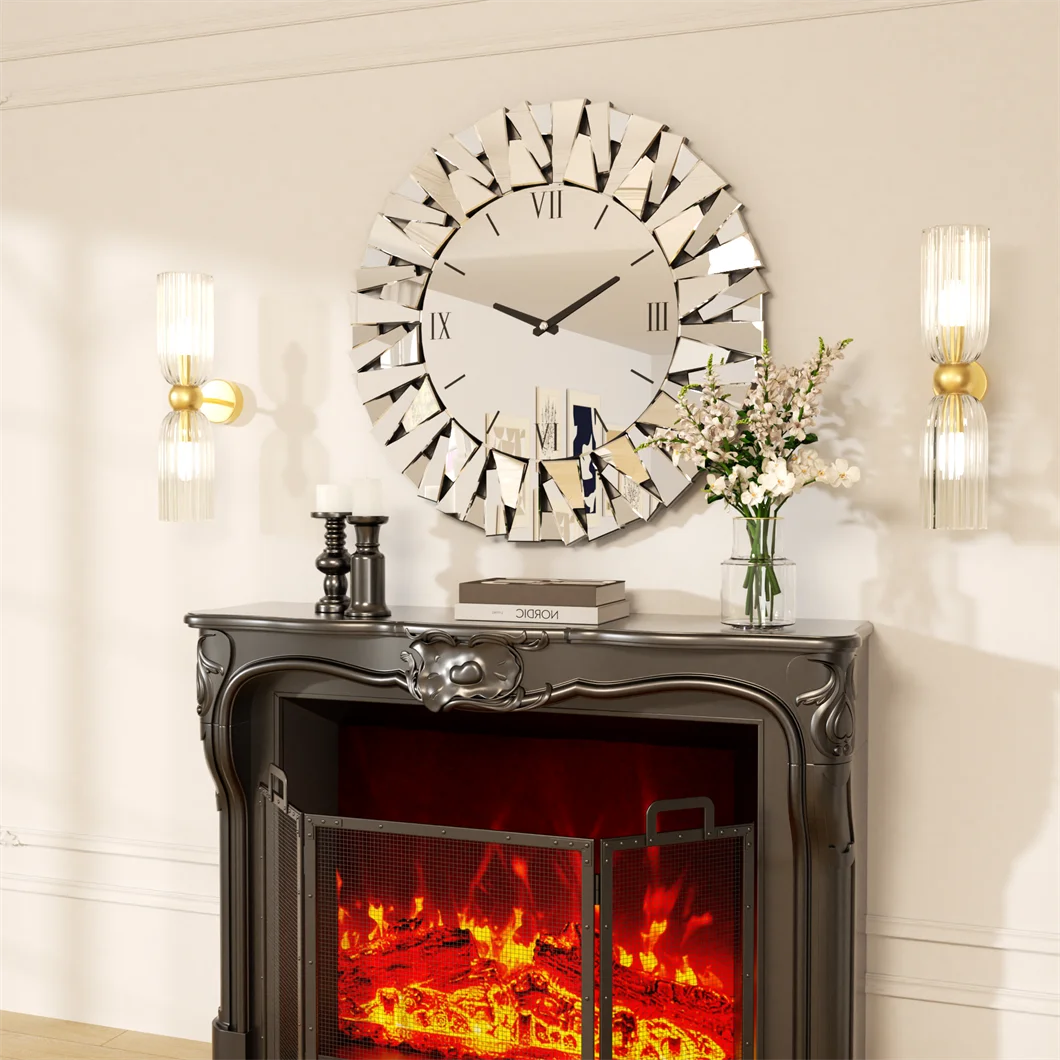 Wall Clock 3D Mirrored Sunburst 32Inch Roman Numeral Round