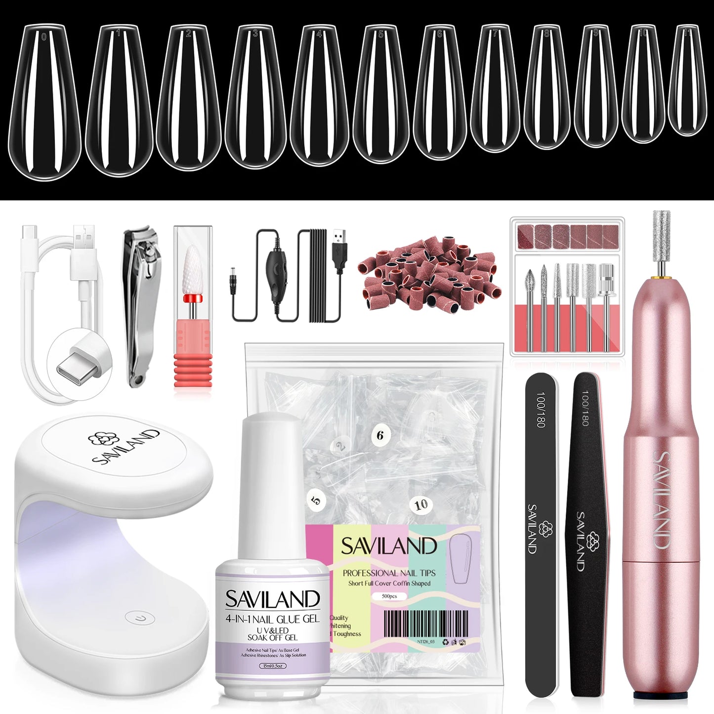 SAVILAND Gel X Nail Kit 500pcs Long Coffin Nail Tips