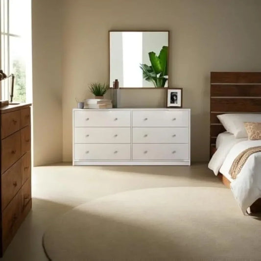 Sleek 6 Drawer Double Dresser in White for Compact Spaces