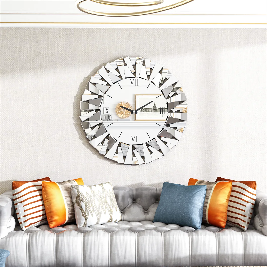 Wall Clock 3D Mirrored Sunburst 32Inch Roman Numeral Round