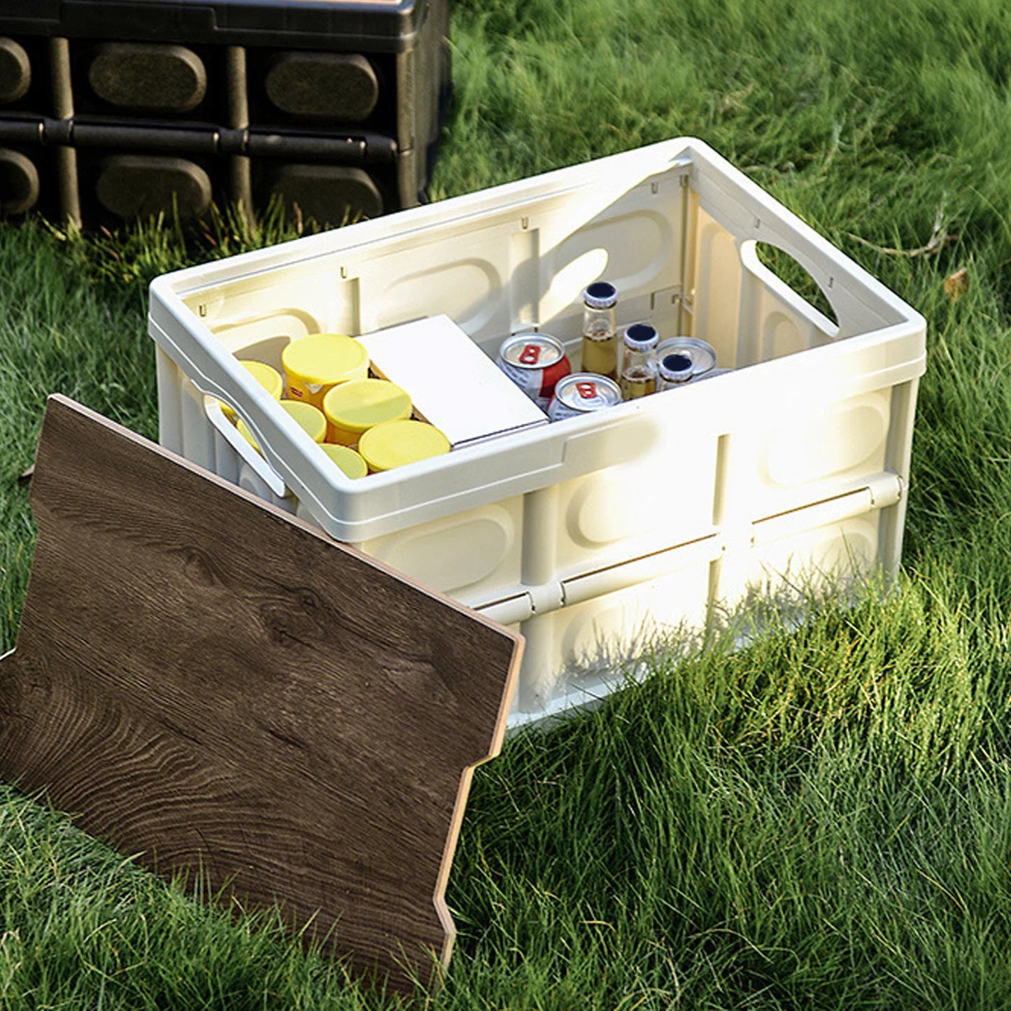 30L Outdoor Camping Picnic Folding Storage Box Multifunctional Thick Removable Storage Box with Wooden Panel