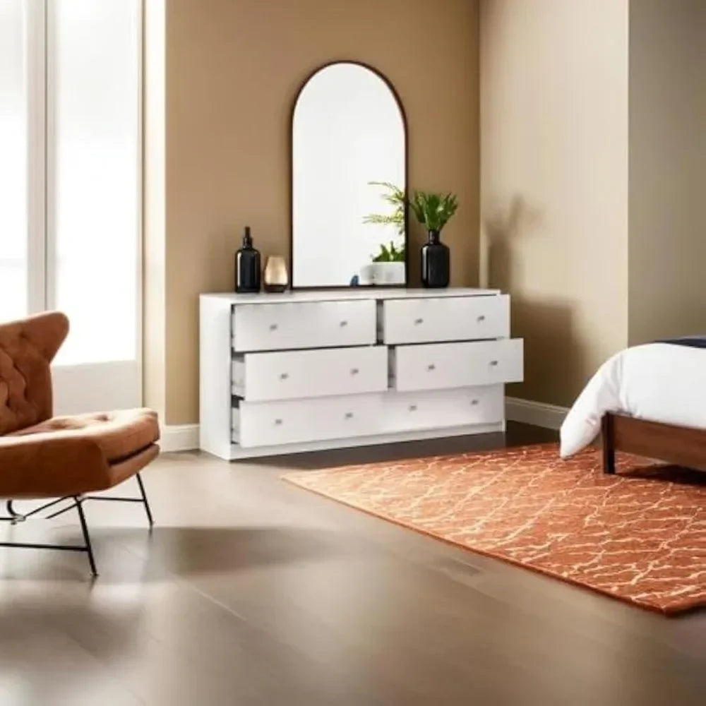Sleek 6 Drawer Double Dresser in White for Compact Spaces