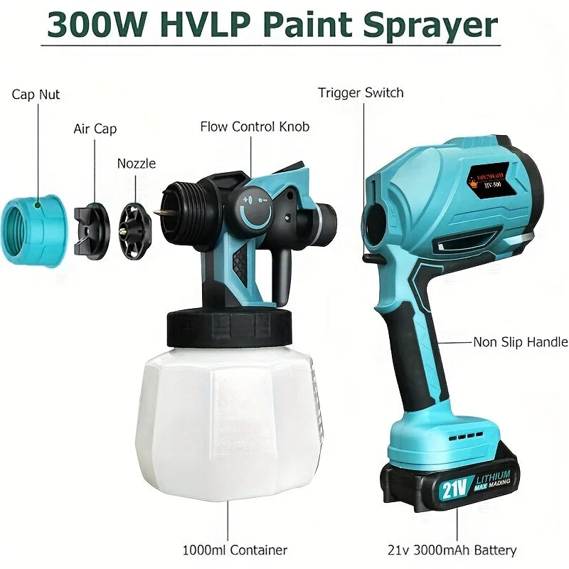 Cordless Electric Paint Sprayer 1000ml 21V Battery For Steel