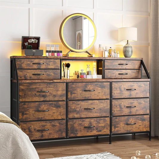 55”W Dresser for Bedroom with 13 Large Drawers and Shelves
