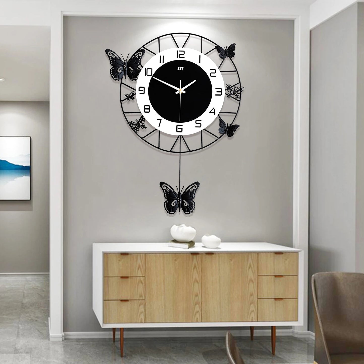 20 Inch Large Round Butterfly Wall Mounted Clock Creative Iron Craft Modern Metal Quartz Clock Home Living Room Decor