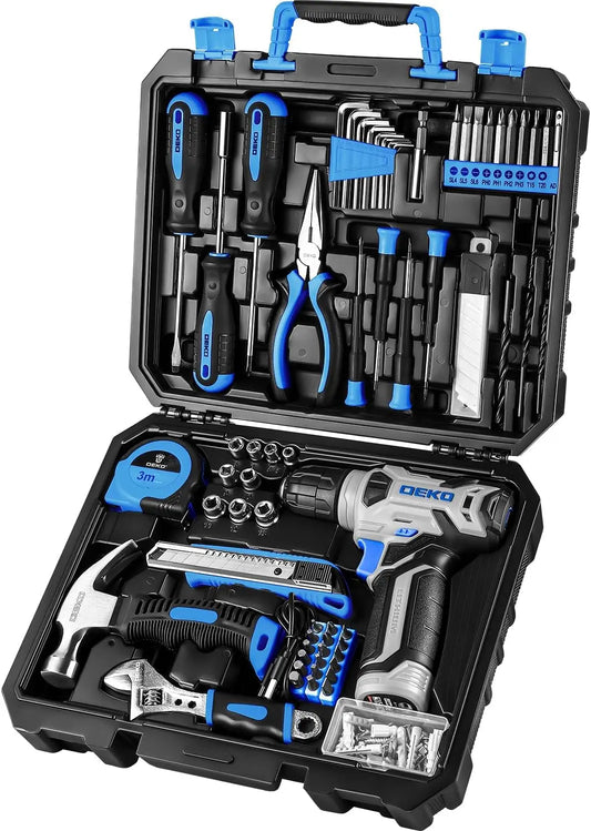 DEKO Drill Set: Tool Set with 8V Blue Cordless Drill, Home Tool Kit with Drill, Hand Tool Kits for Women 126 Piece