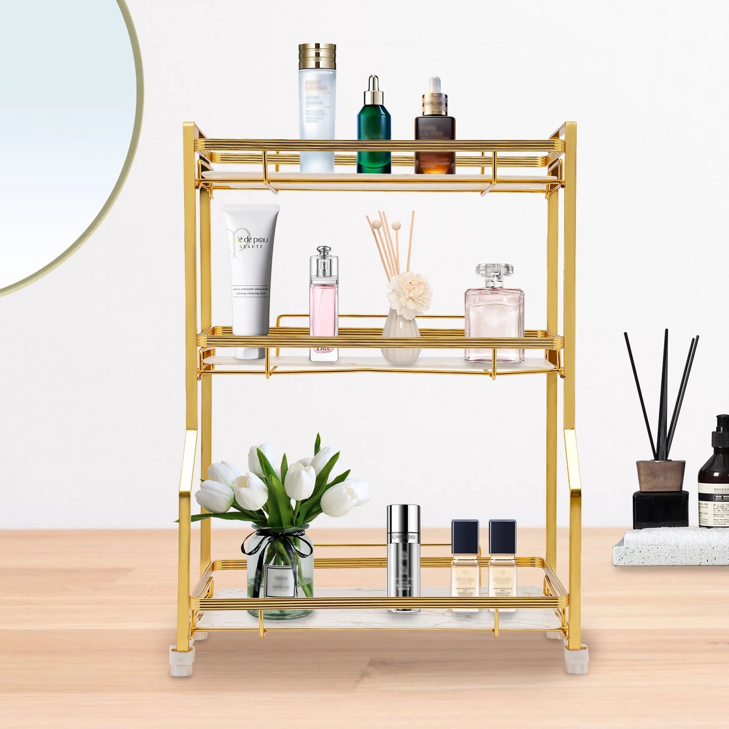 Triple Tier Gold Bathroom Countertop Organizer For Skincare