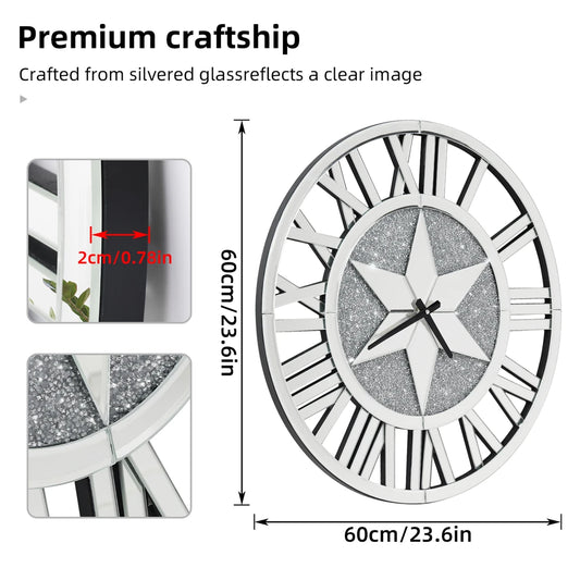 Large Mirrored Wall Clock 60cm Round Roman Numeral Skeleton