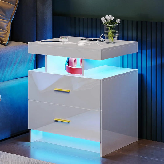 Nightstand with RGB Auto LED Lights, Modern Bedside Table Set of 2
