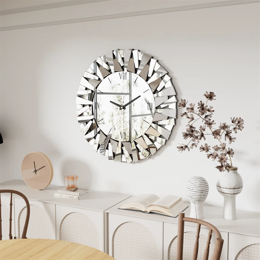 Wall Clock 3D Mirrored Sunburst 32Inch Roman Numeral Round
