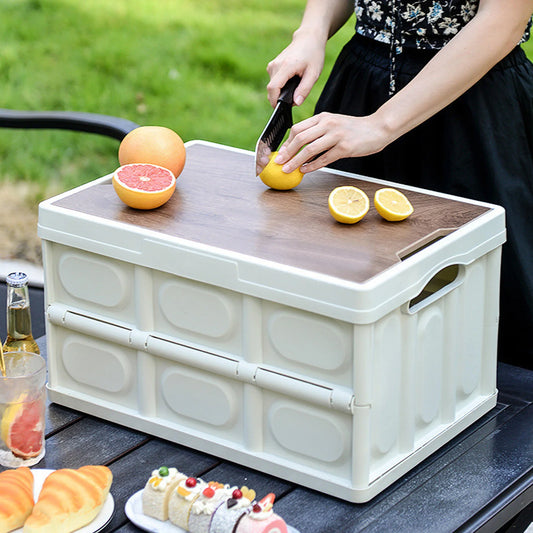 30L Outdoor Camping Picnic Folding Storage Box Multifunctional Thick Removable Storage Box with Wooden Panel