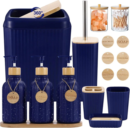 Navy Blue Bathroom Accessories Set 17PCS With Trash Can
