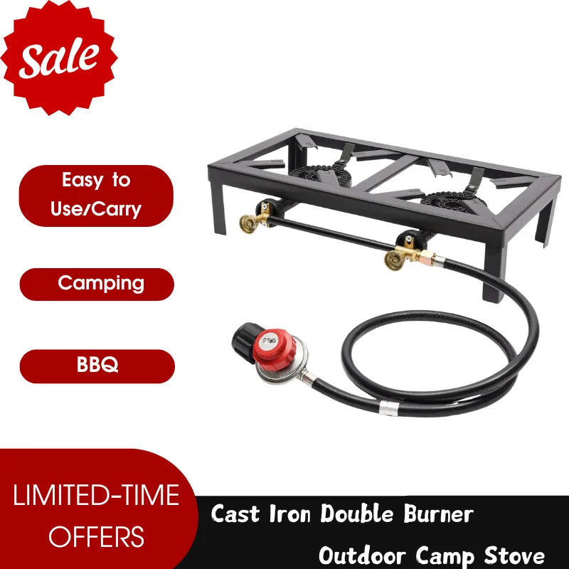Cast Iron Double Burner Portable Outdoor Camp Stove Gas Powered Free Standing