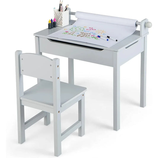 Kids Table and Chair Set, Wooden Lift-Top Desk & Chair with Storage, Paper Roll Holder & Pen Slot, Activity Table Set