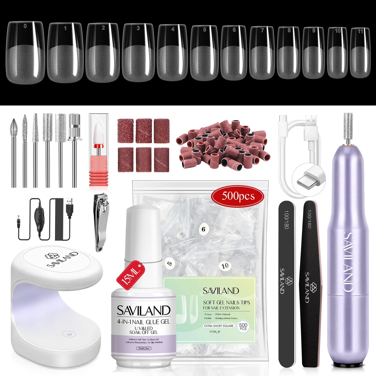 SAVILAND Gel X Nail Kit 500pcs Long Coffin Nail Tips