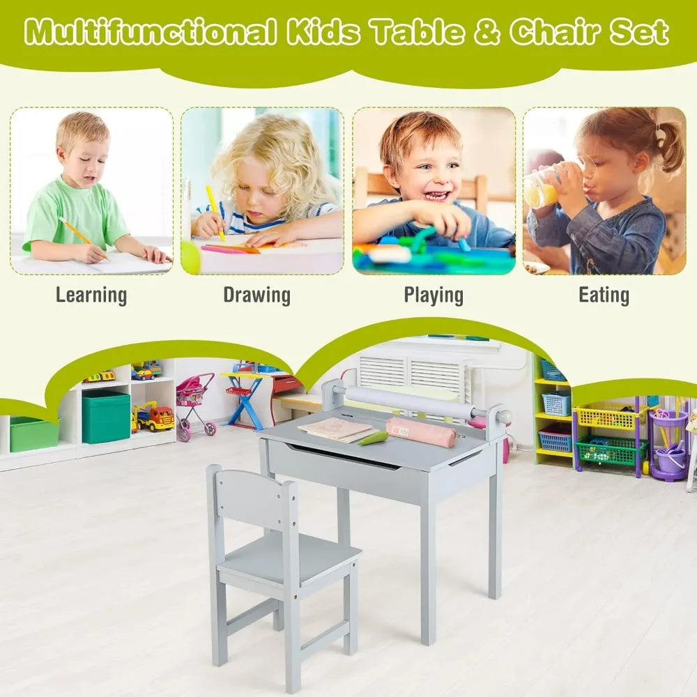 Kids Table and Chair Set, Wooden Lift-Top Desk & Chair with Storage, Paper Roll Holder & Pen Slot, Activity Table Set