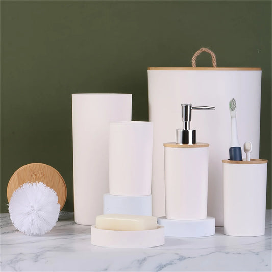 6PCS Bamboo Lid Bathroom Kit with Soap Bottle and More