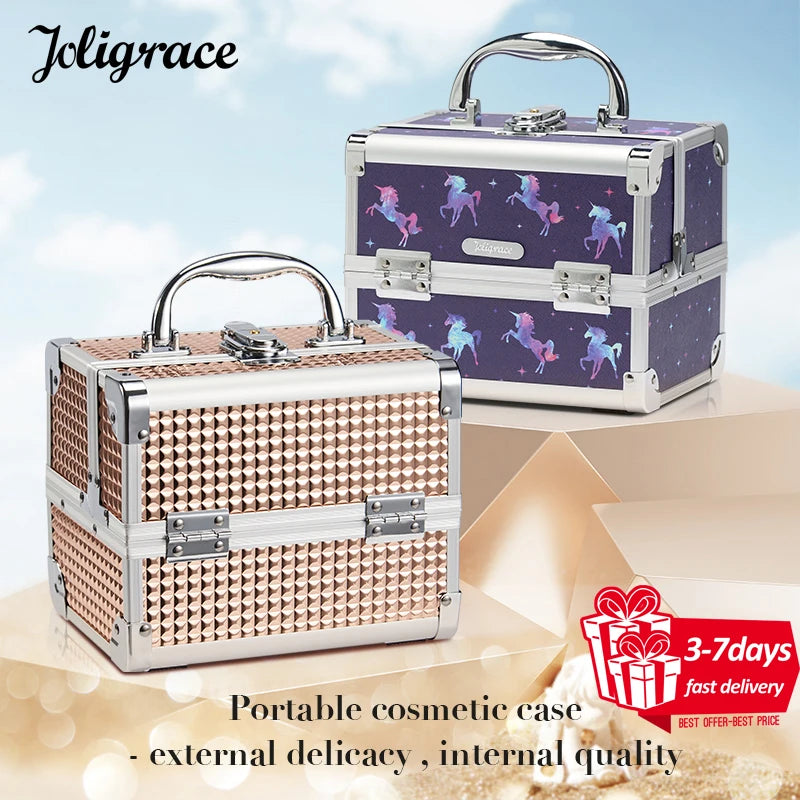 Makeup Case Portable Lock Alloy Unicorn Cosmetic Jewelry Storage Box with Mirror 2 Trays Make-up Suitcase