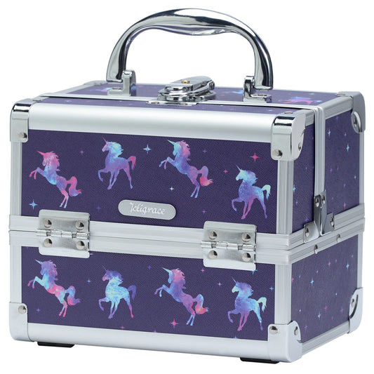 Makeup Case Portable Lock Alloy Unicorn Cosmetic Jewelry Storage Box with Mirror 2 Trays Make-up Suitcase