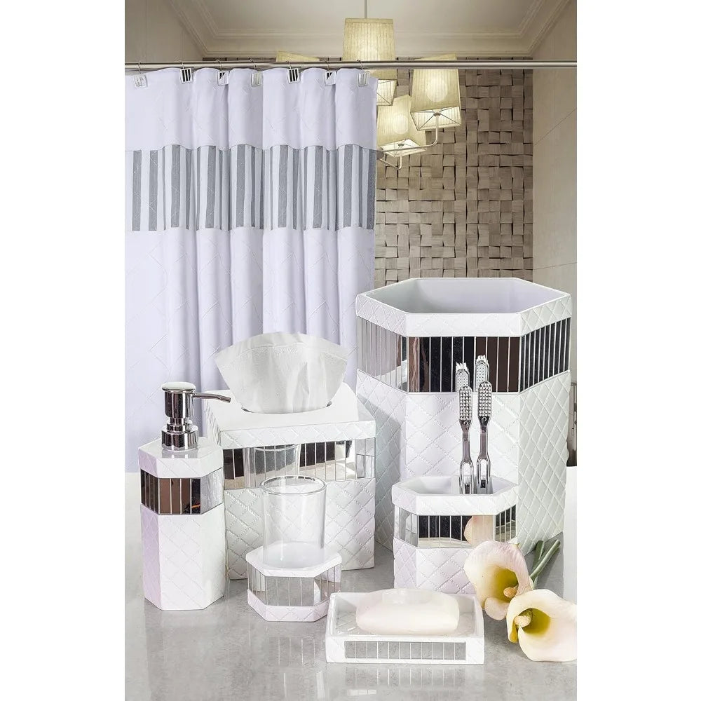 White Bathroom Accessories Set - Trash Can, Tissue Box, Soap Dispenser, Toothbrush Holder, Tumbler & Soap Dish