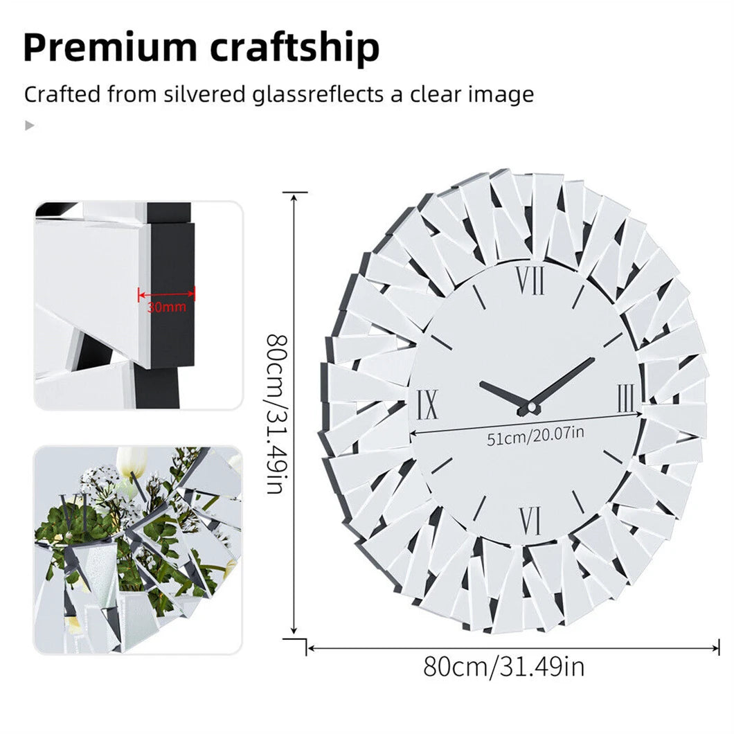 Wall Clock 3D Mirrored Sunburst 32Inch Roman Numeral Round