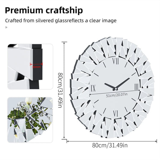 Wall Clock 3D Mirrored Sunburst 32Inch Roman Numeral Round