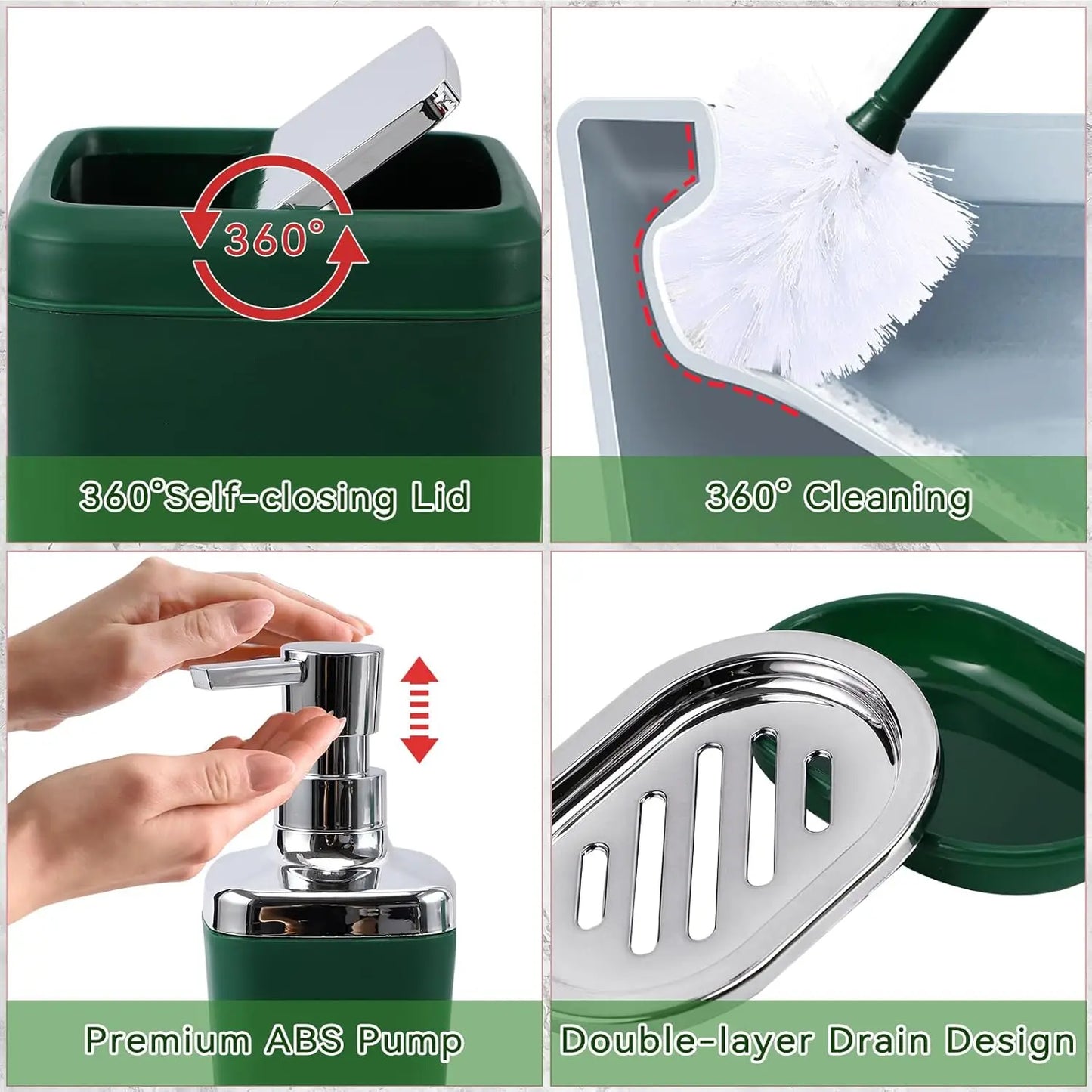 Dark Green Bathroom Accessories Set with Shower Curtain and No-Slip Bath Rugs