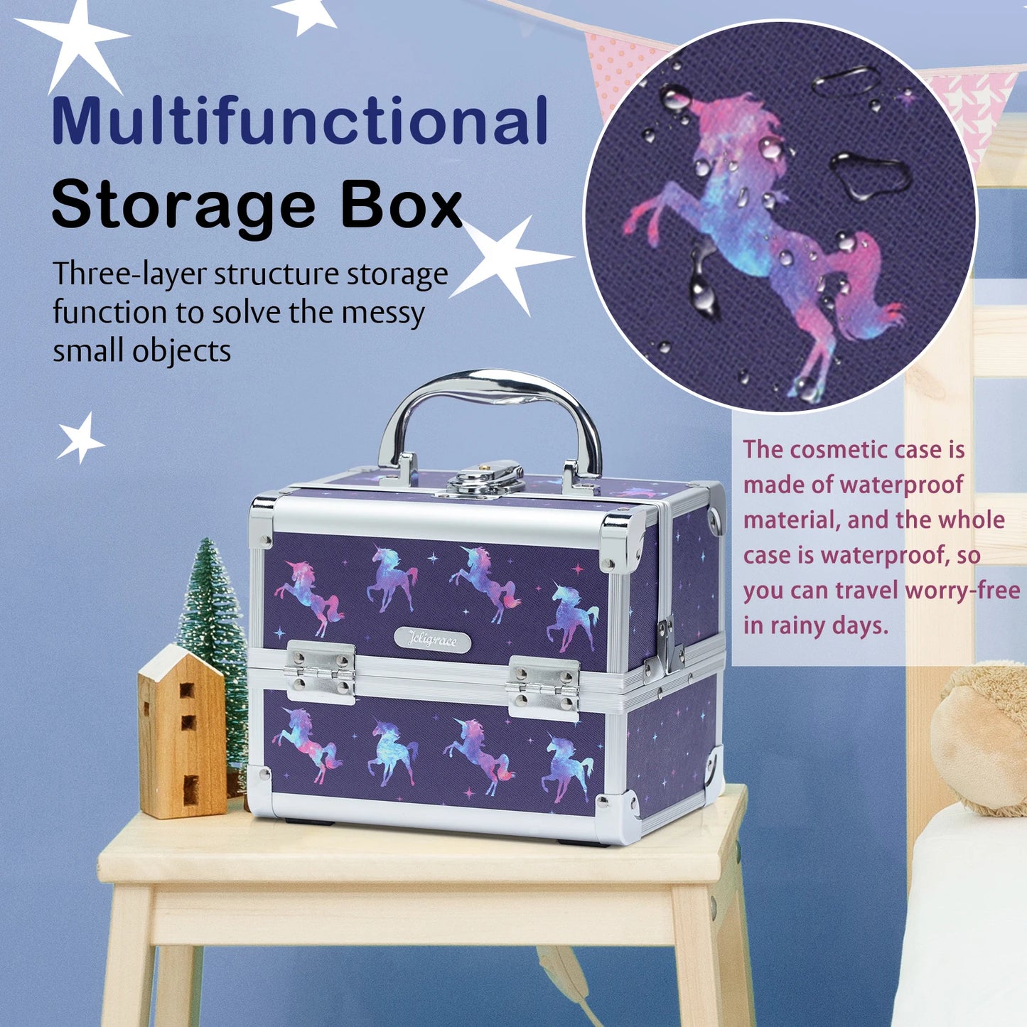 Makeup Case Portable Lock Alloy Unicorn Cosmetic Jewelry Storage Box with Mirror 2 Trays Make-up Suitcase
