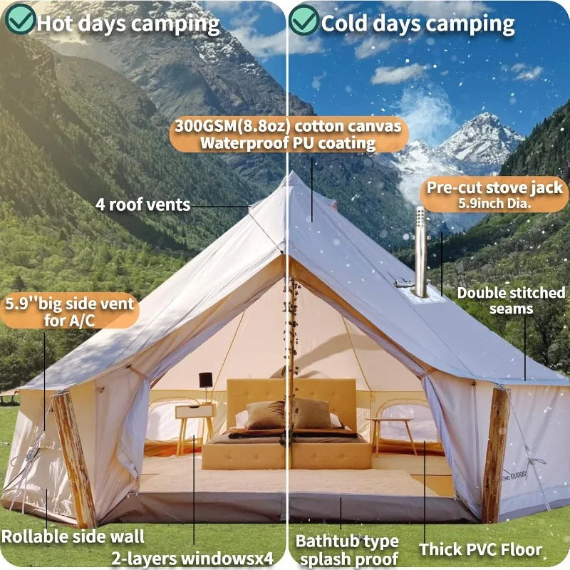 Danchel Outdoor B5Pro 4 Season Canvas Bell Tent with 2 Stove Jacks Glamping Yurt Tent for 4 6 or 8 Person Use