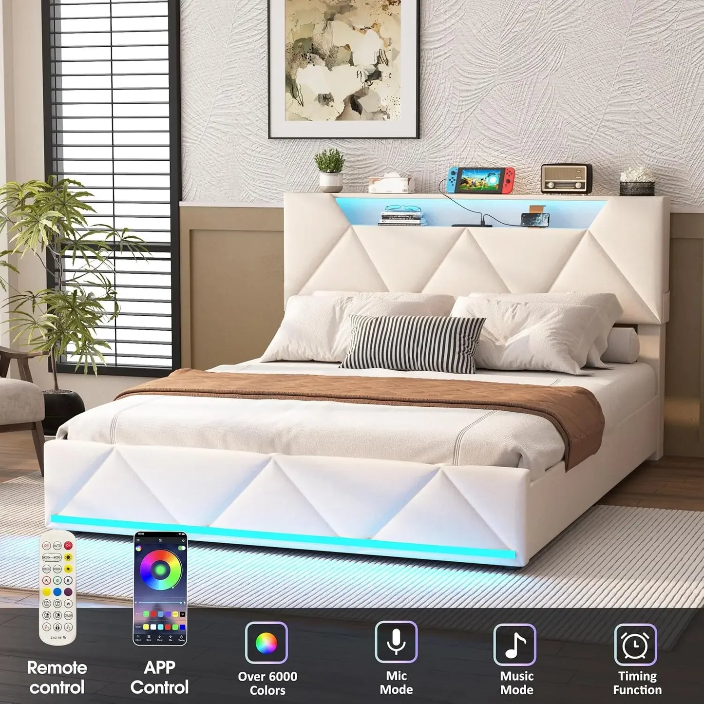 Vabches Queen Bed Frame Storage Drawers Led Lights