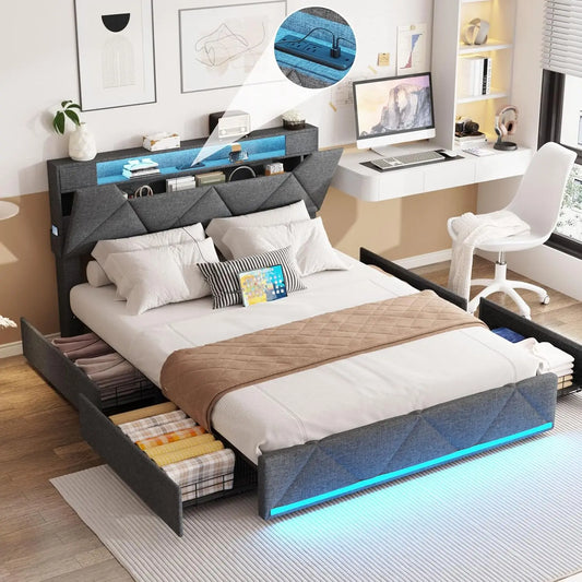 Vabches Queen Bed Frame Storage Drawers Led Lights