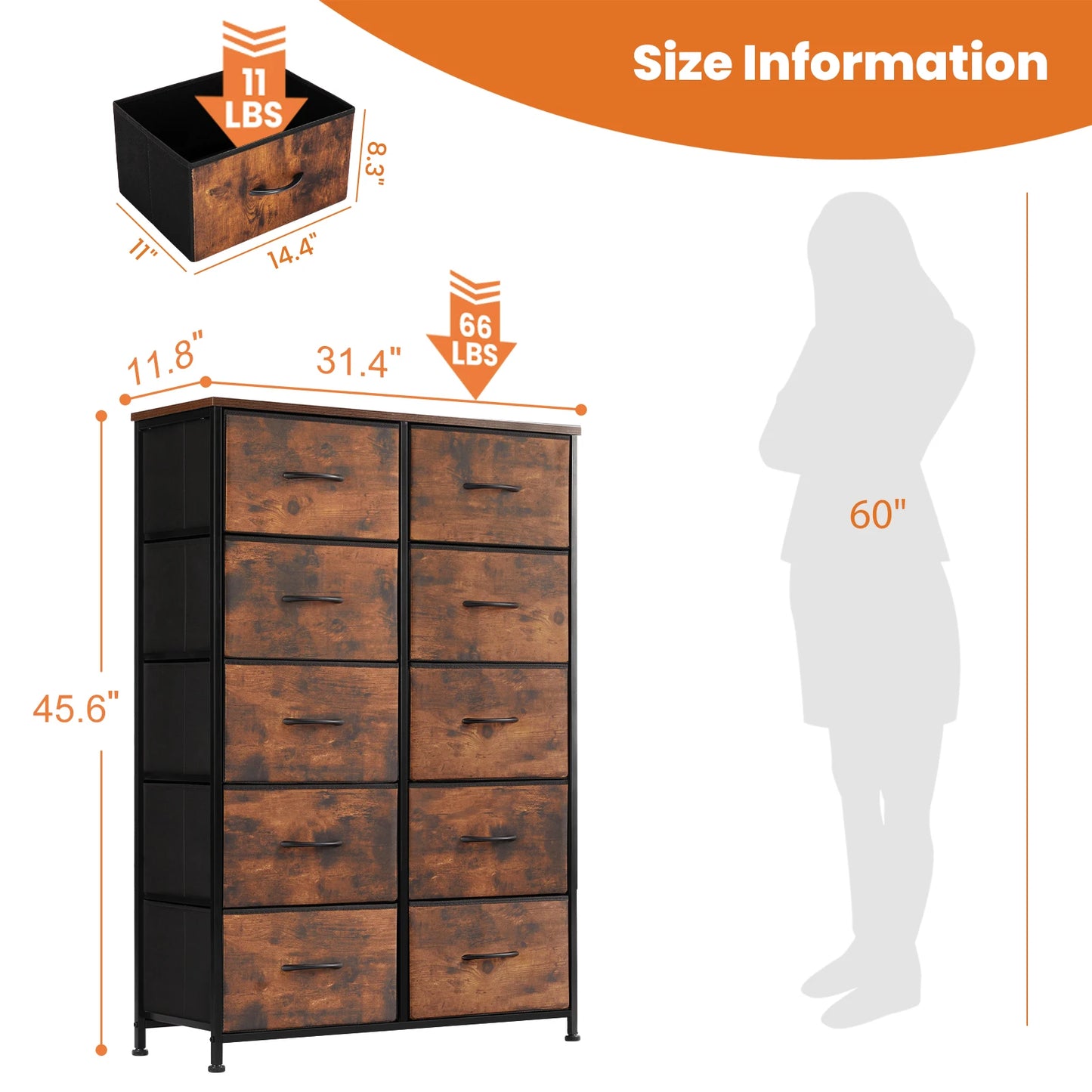JHK Bedside Table With 10 Fabric Drawers Steel Frame
