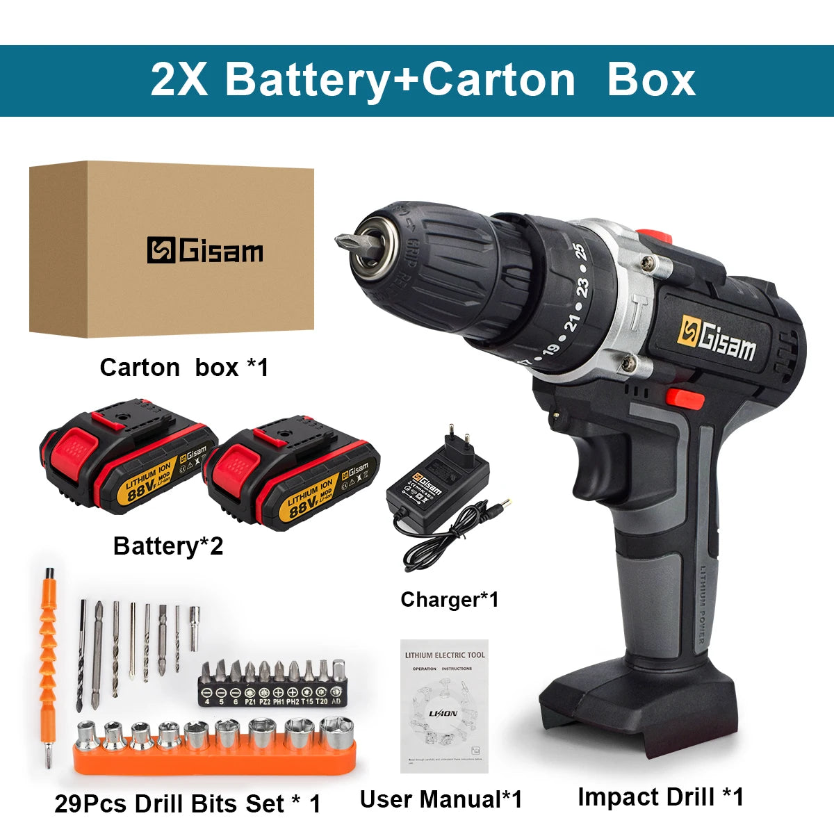 21V Cordless Impact Drill Electric Screwdriver Hammer Drill