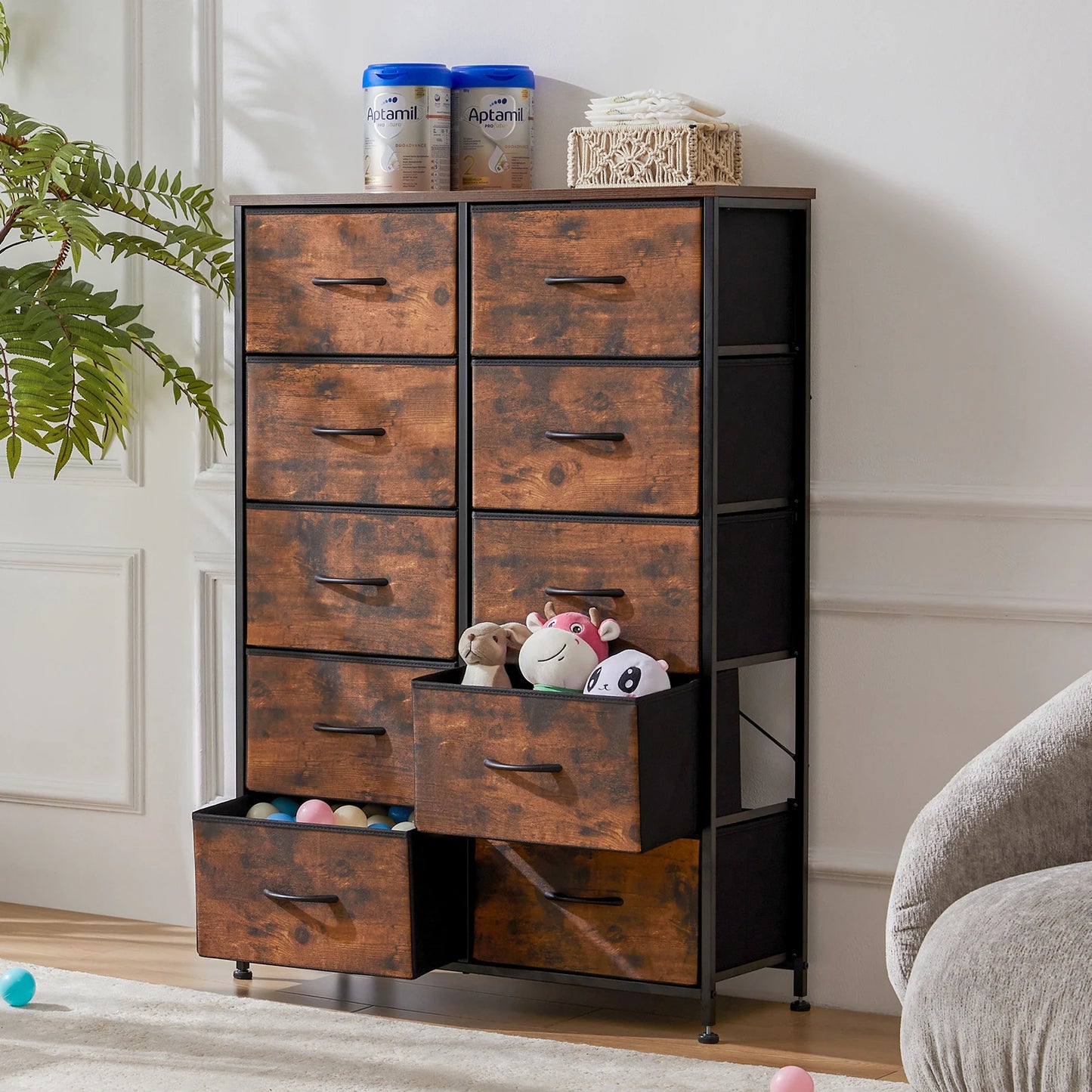 JHK Bedside Table With 10 Fabric Drawers Steel Frame