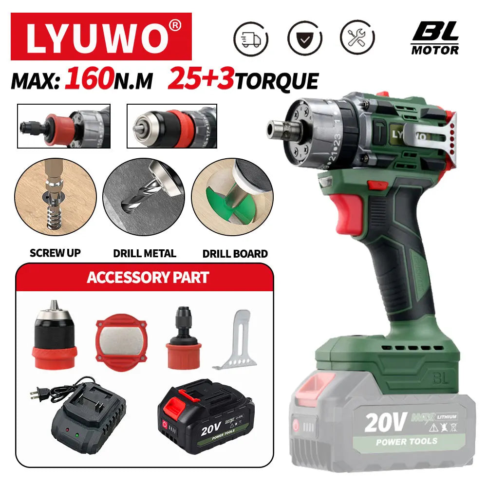 LyUwo 25 3 Brushless Impact Cordless Screwdriver Drill LED