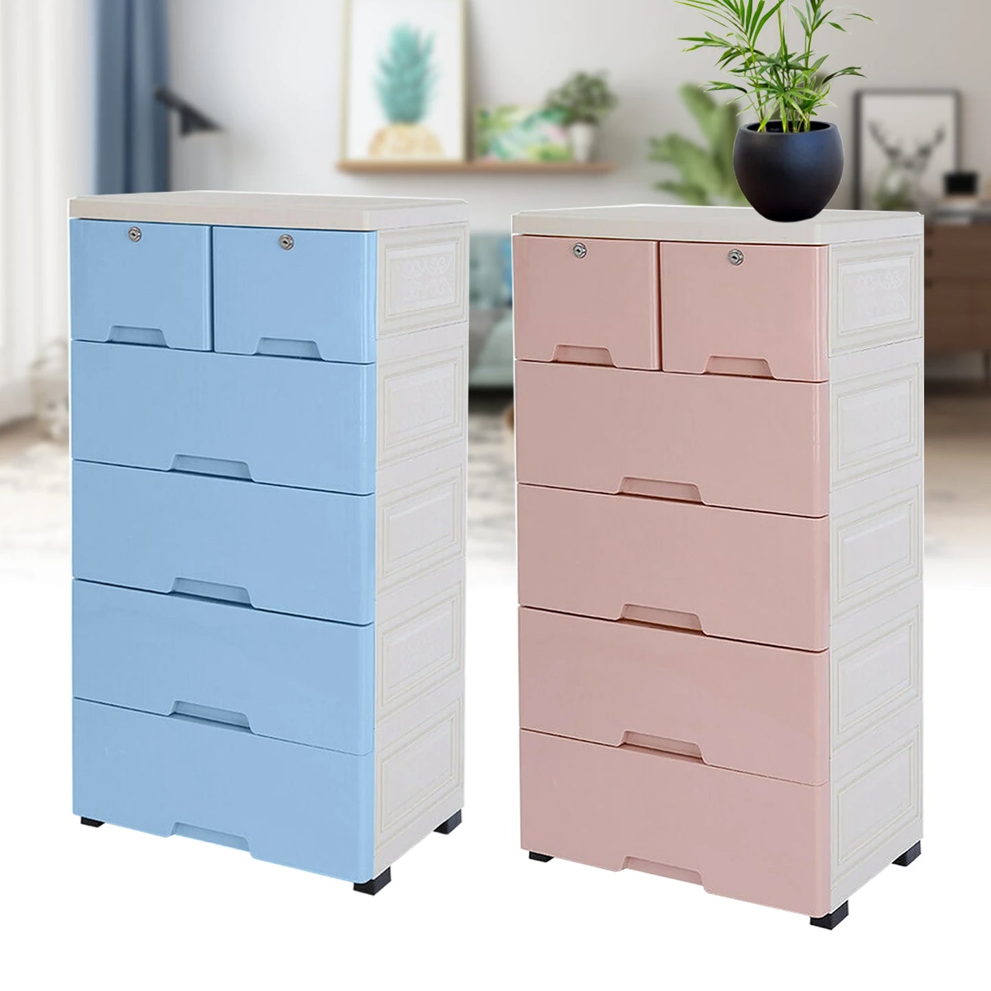 Plastic Clothing Storage Cabinet With 6 Drawers And 4 Wheels