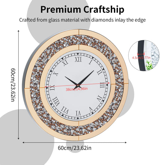 60 80CM Bling Silver Round Mirror Clock Glam Sparkle Twinkle Shining Mirrored Wall Clock for Home Decor