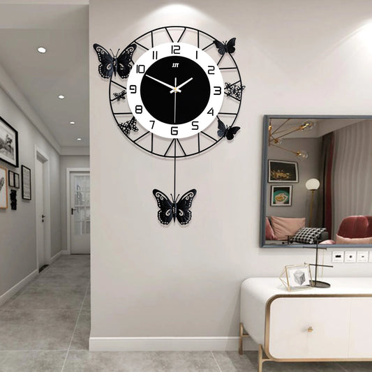 20 Inch Large Round Butterfly Wall Mounted Clock Creative Iron Craft Modern Metal Quartz Clock Home Living Room Decor