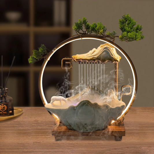 Tabletop Water Fountain Indoor Waterfall Decoration with Mist Rockery Horse Plants and LED for Meditation Feng Shui Decor