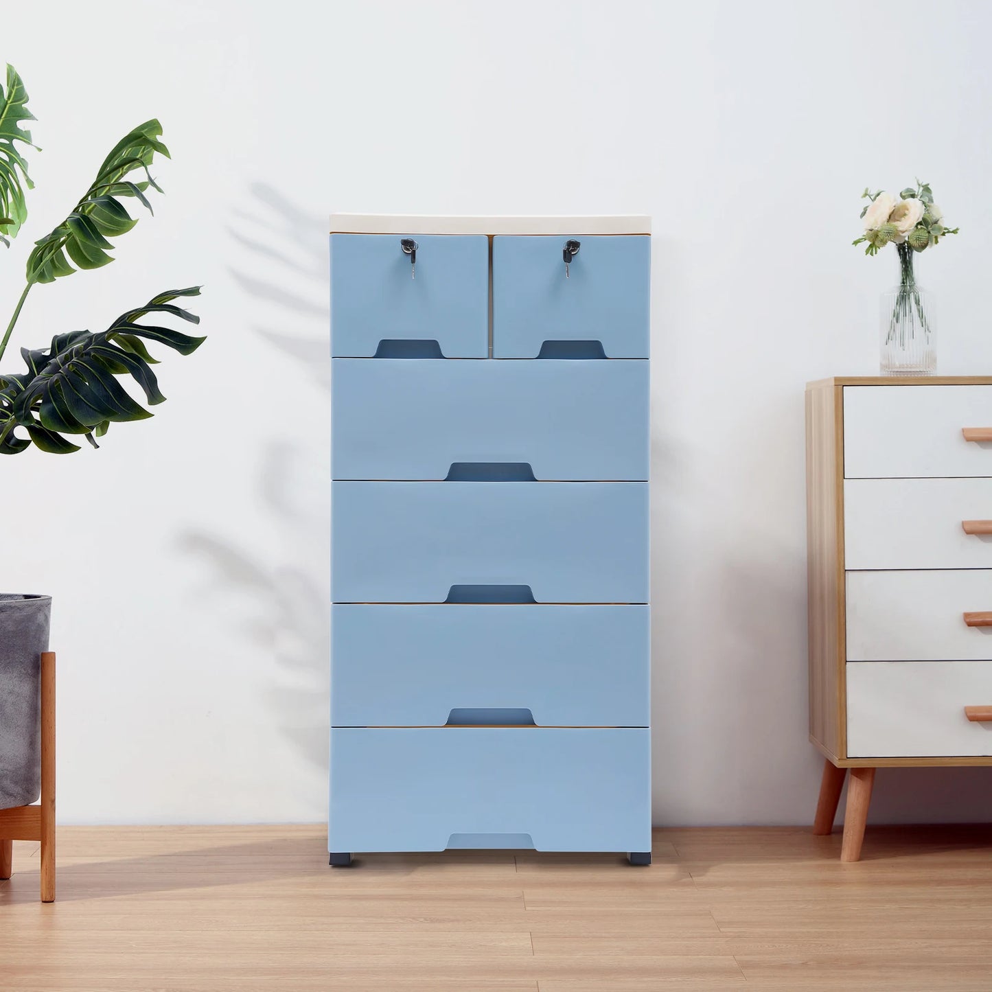 Plastic Clothing Storage Cabinet With 6 Drawers And 4 Wheels