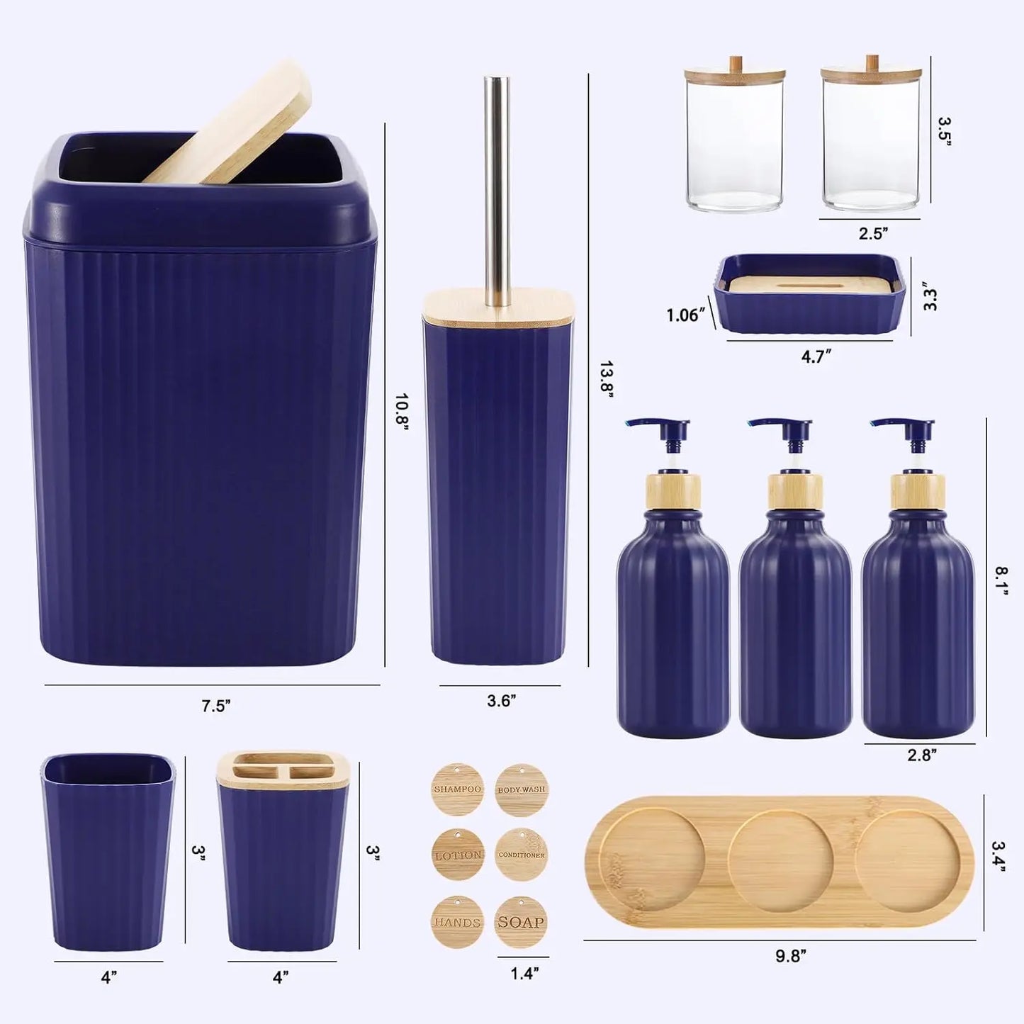 Navy Blue Bathroom Accessories Set 17PCS With Trash Can