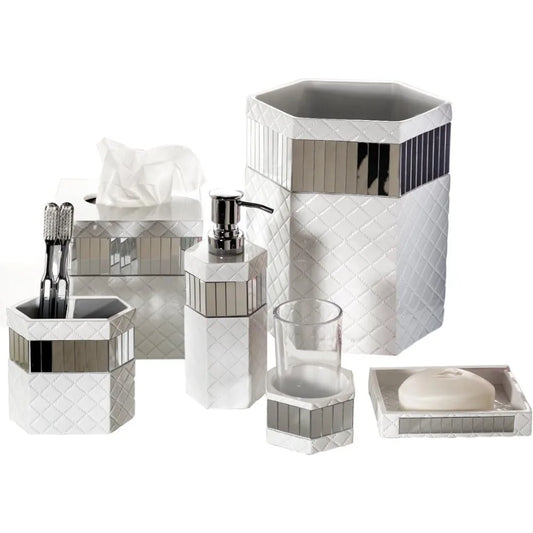 White Bathroom Accessories Set - Trash Can, Tissue Box, Soap Dispenser, Toothbrush Holder, Tumbler & Soap Dish