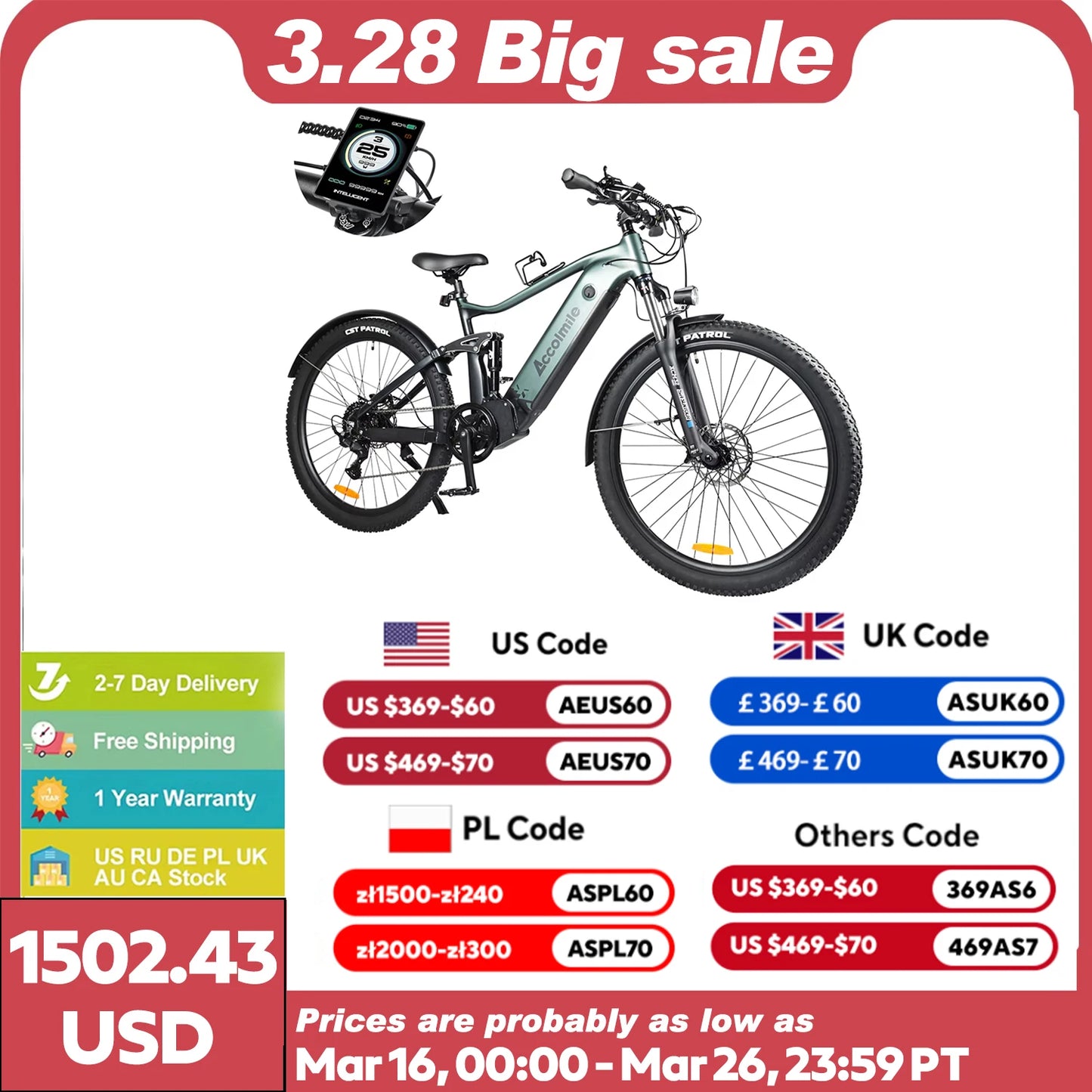 Accolmile Electric Bike Powerful 750W Mountain Ebike Mens
