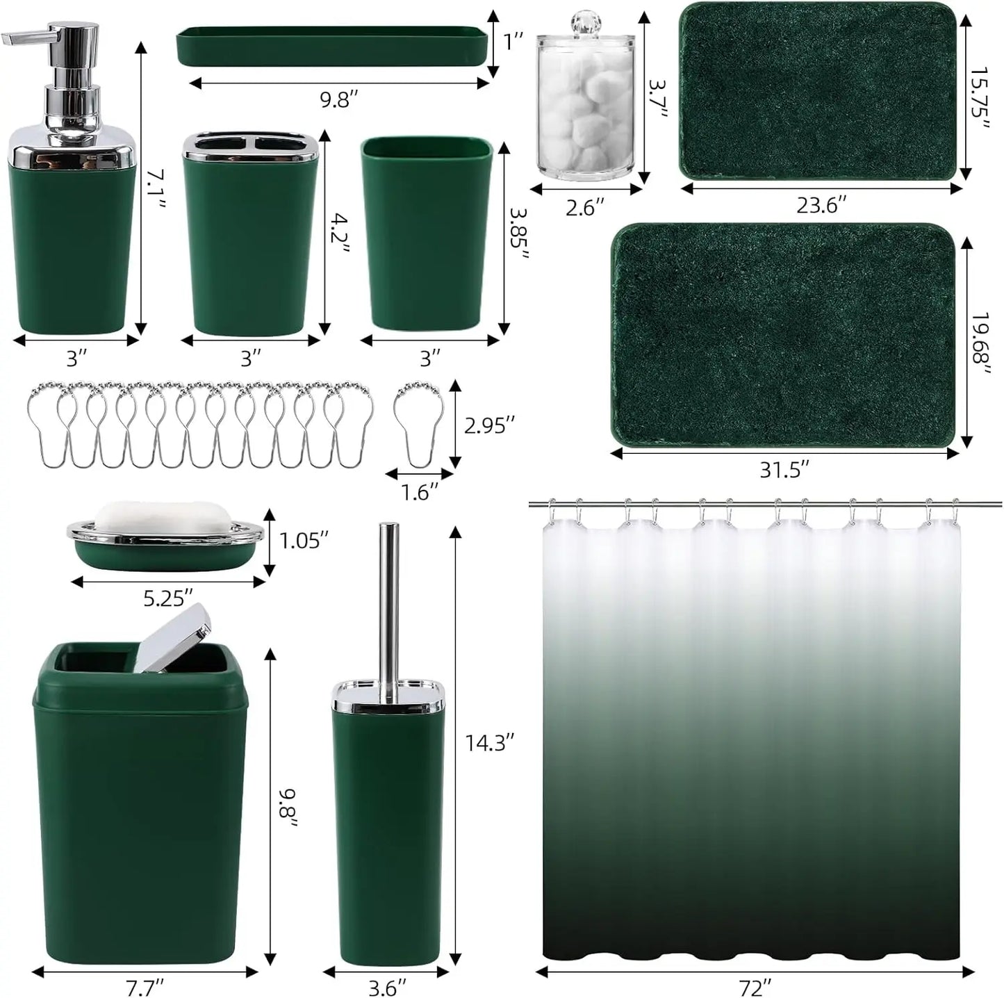 Dark Green Bathroom Accessories Set with Shower Curtain and No-Slip Bath Rugs