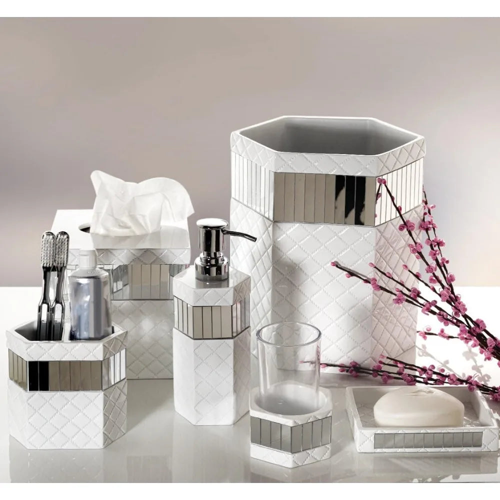 White Bathroom Accessories Set - Trash Can, Tissue Box, Soap Dispenser, Toothbrush Holder, Tumbler & Soap Dish