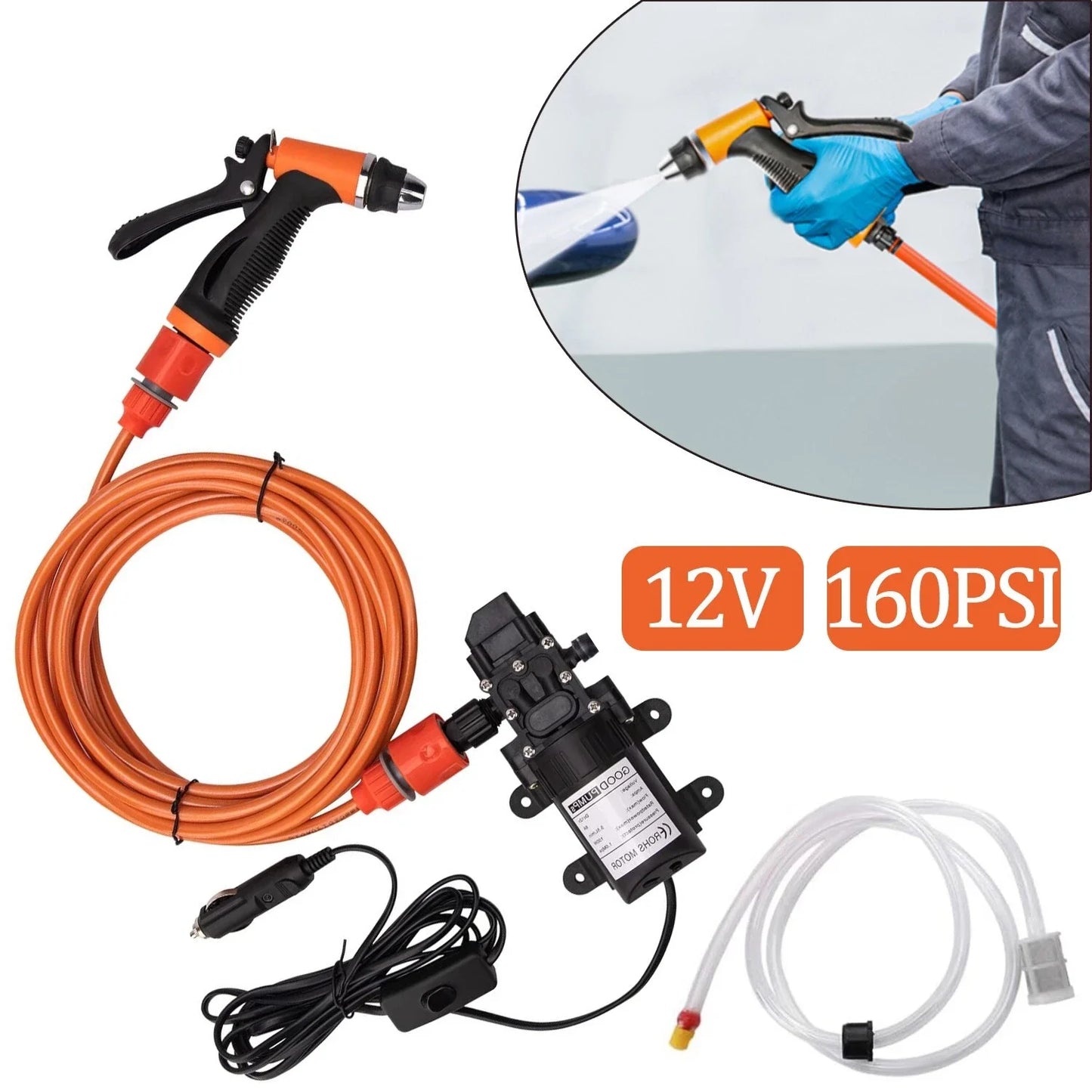 12V 80W High Pressure Car Washer Kit 160PSI Portable Pump