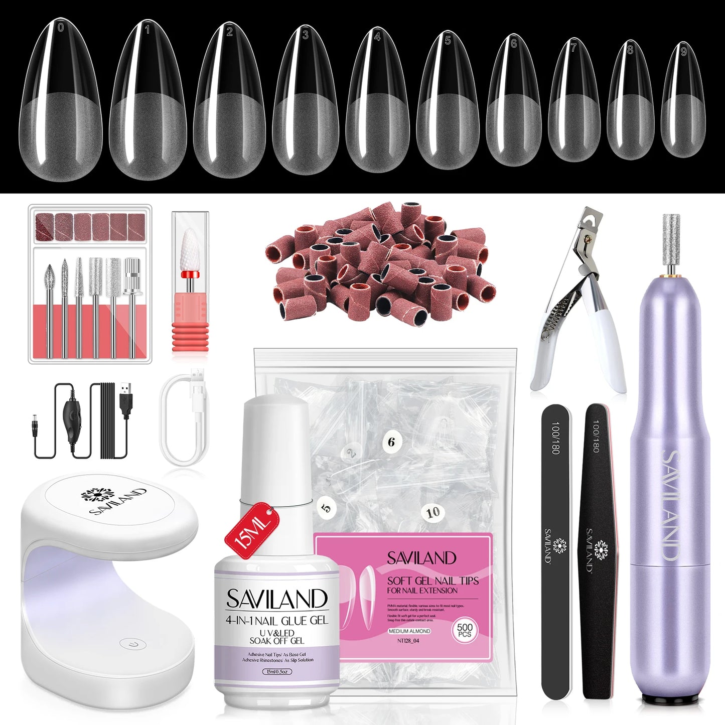 SAVILAND Gel X Nail Kit 500pcs Long Coffin Nail Tips